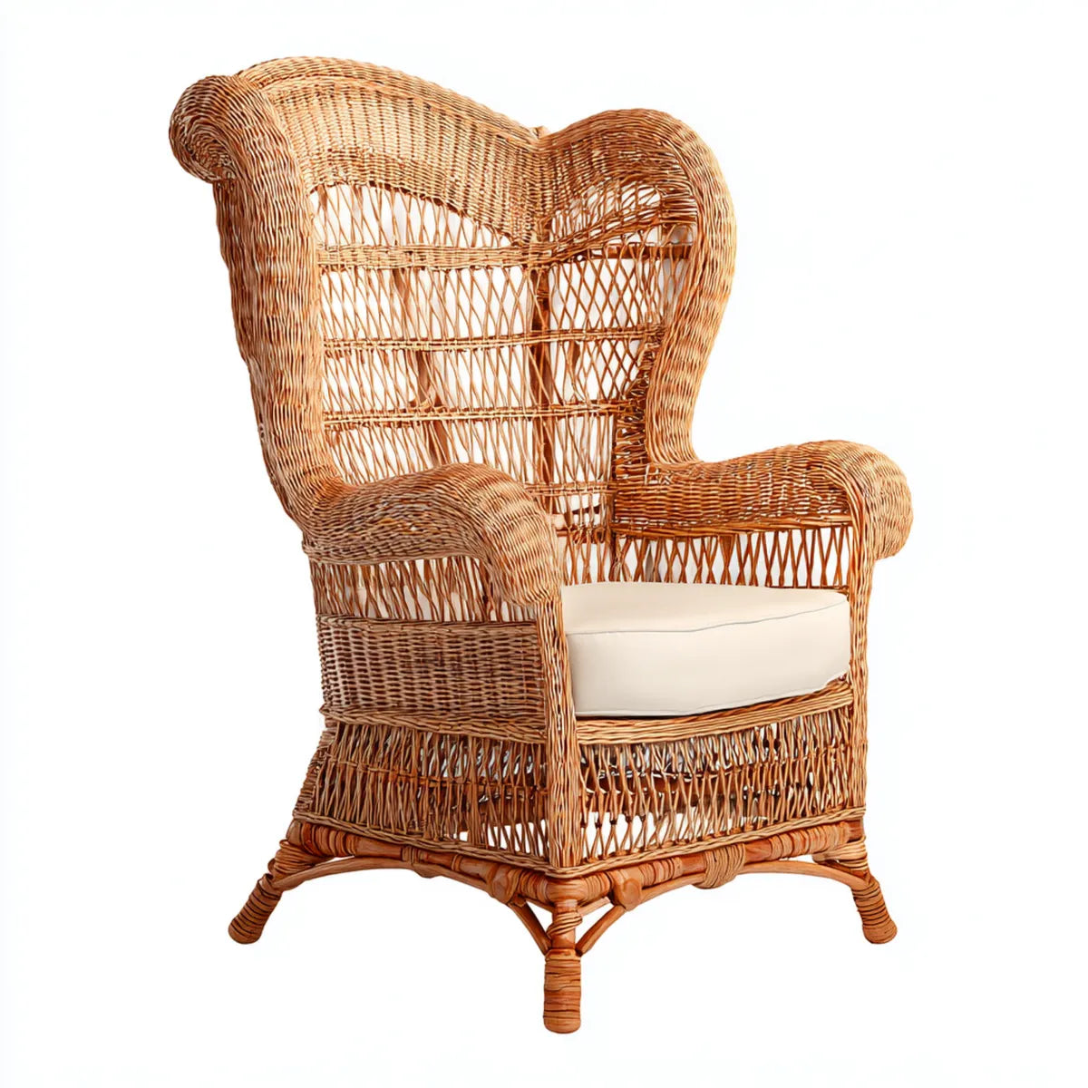 Fauteuil de salon en osier tressé naturel avec coussin blanc cassé 76 x 70 x 105 cm