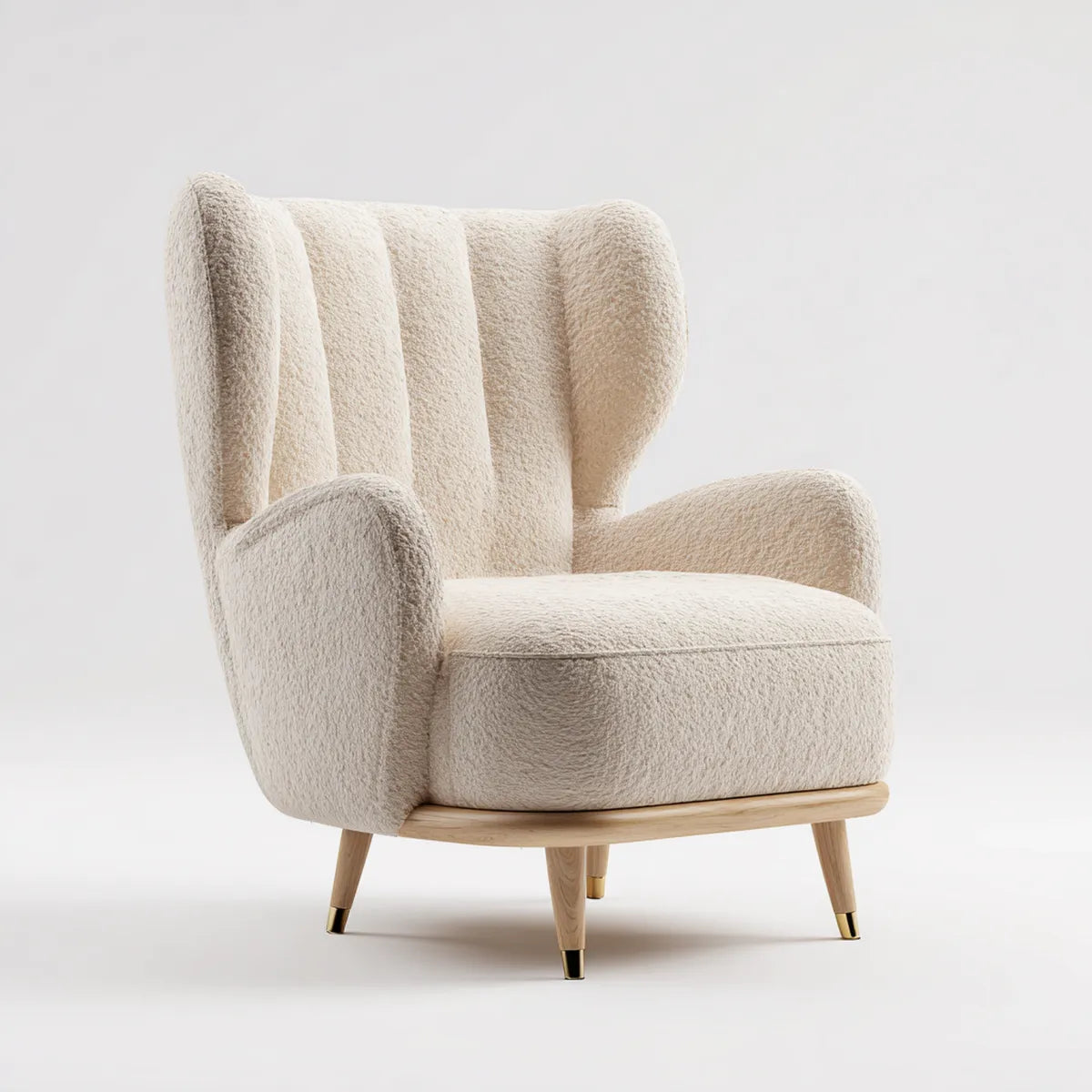 Fauteuil à oreilles crème 78 x 88 x 105 cm en polyester bouclette avec pieds en bois massif forme enveloppante