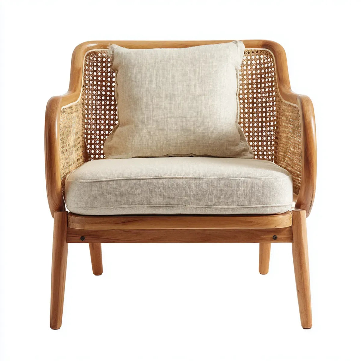 Fauteuil de salon beige 70 x 75 x 85 cm en bois massif d'acacia et rotin naturel forme rectangulaire
