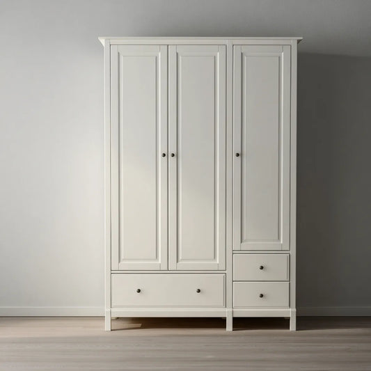 Armoire de chambre 3 portes 3 tiroirs blanche 140 x 55 x 200 cm en panneaux MDF rectangulaire