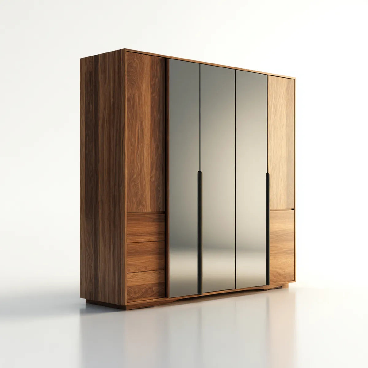 Armoire de chambre rectangulaire 4 portes battantes noyer et miroir 200 x 60 x 220 cm en MDF