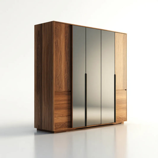 Armoire de chambre rectangulaire 4 portes battantes noyer et miroir 200 x 60 x 220 cm en MDF