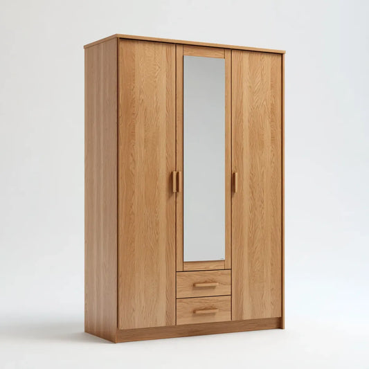Armoire de chambre 3 portes avec miroir chêne naturel 120 x 60 x 200 cm en chêne massif rectangulaire