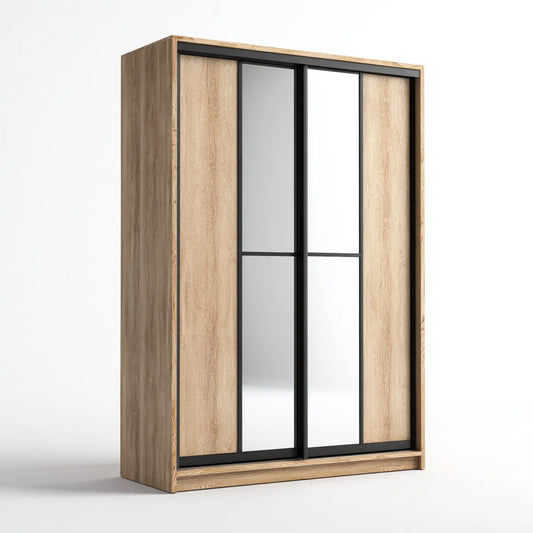 Armoire à portes coulissantes chêne clair noir avec miroirs 180 x 60 x 220 cm en panneaux de particules