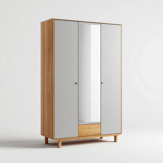 Armoire 3 portes avec miroir gris et chêne 120 x 55 x 190 cm en panneaux de particules rectangulaire