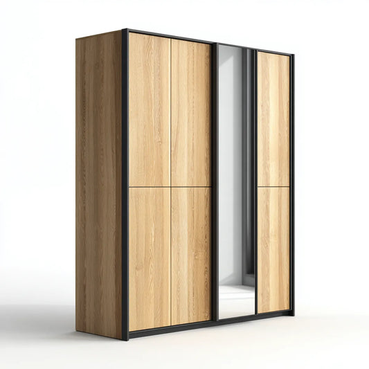 Armoire de chambre 3 portes coulissantes chêne naturel noir avec miroir 200 x 60 x 220 cm en panneaux de particules mélaminés rectangulaire