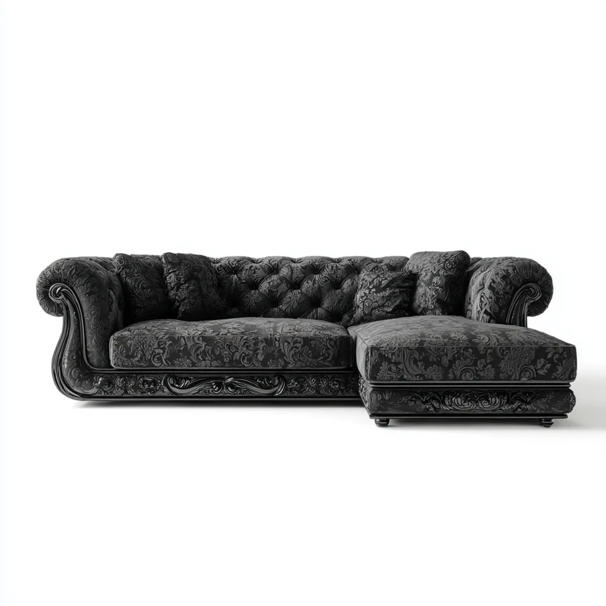 Canapé d'angle Chesterfield noir en polyester jacquard sculpté en L 295 x 100 x 95 cm