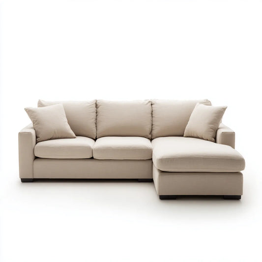 Canapé d'angle droit 4 places beige en polyester forme L 260 x 160 x 85 cm