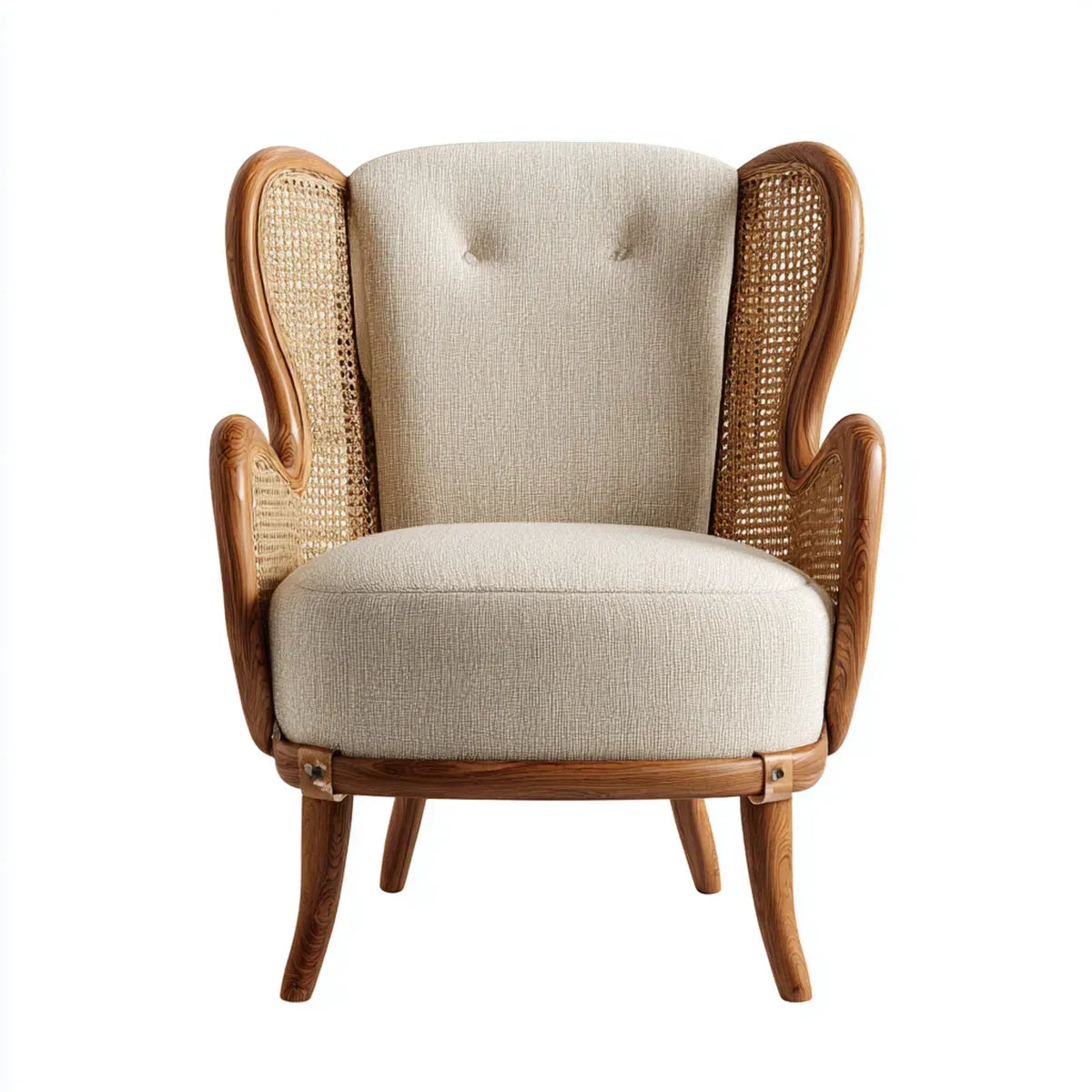 Fauteuil à oreilles beige en polyester bois massif et cannage naturel 76 x 82 x 105 cm