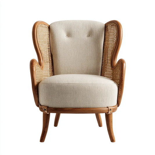 Fauteuil à oreilles beige en polyester bois massif et cannage naturel 76 x 82 x 105 cm
