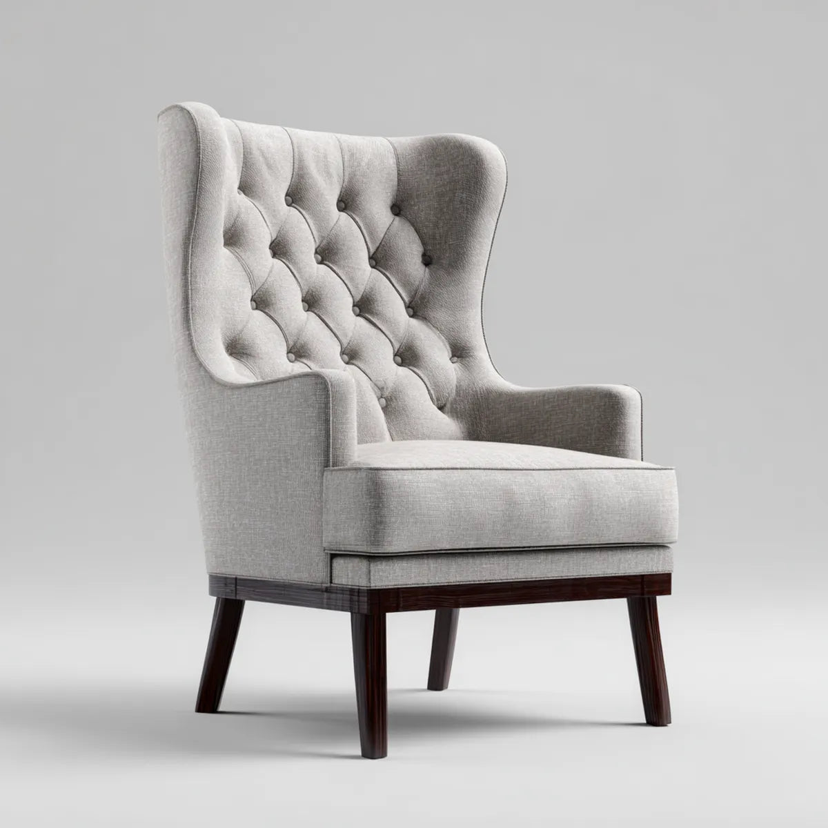 Fauteuil à oreilles capitonné gris en polyester avec pieds en bois massif 78 x 86 x 108 cm