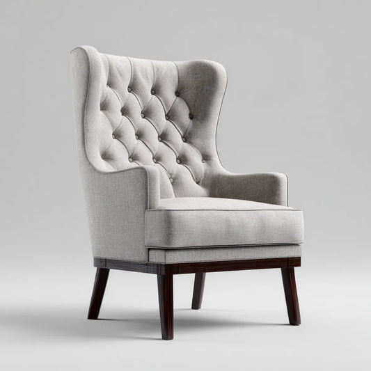 Fauteuil à oreilles capitonné gris en polyester avec pieds en bois massif 78 x 86 x 108 cm