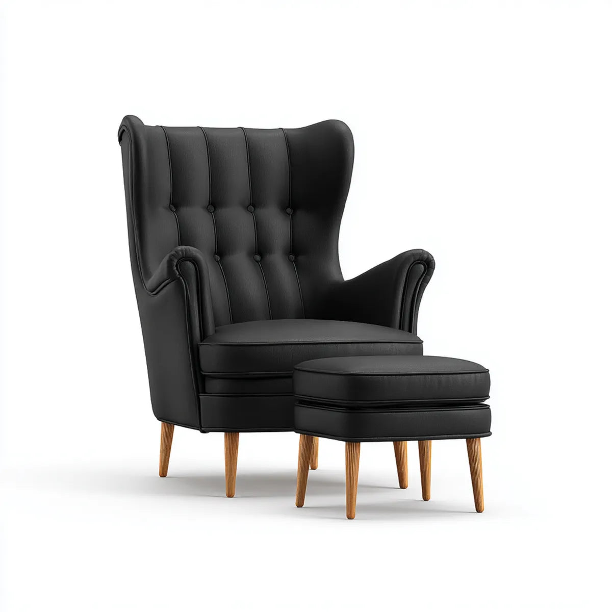 Fauteuil bergère avec repose-pieds noir en similicuir PU et bois massif à dossier haut 78 x 88 x 108 cm