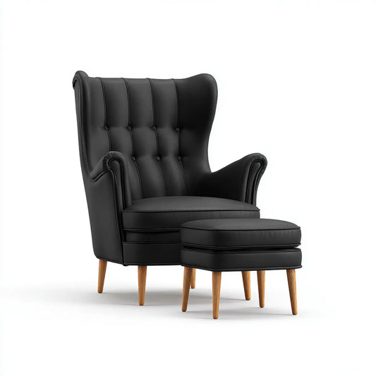 Fauteuil bergère avec repose-pieds noir en similicuir PU et bois massif à dossier haut 78 x 88 x 108 cm