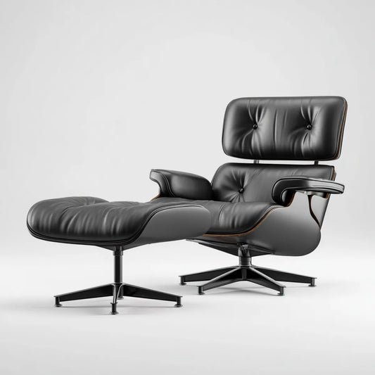 Fauteuil lounge avec repose-pieds noir en cuir synthétique PU et contreplaqué multiplis 84 x 84 x 86 cm