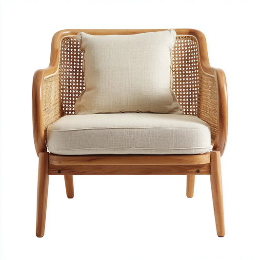 Fauteuil de salon beige 70 x 75 x 85 cm en bois massif d'acacia et rotin naturel forme rectangulaire