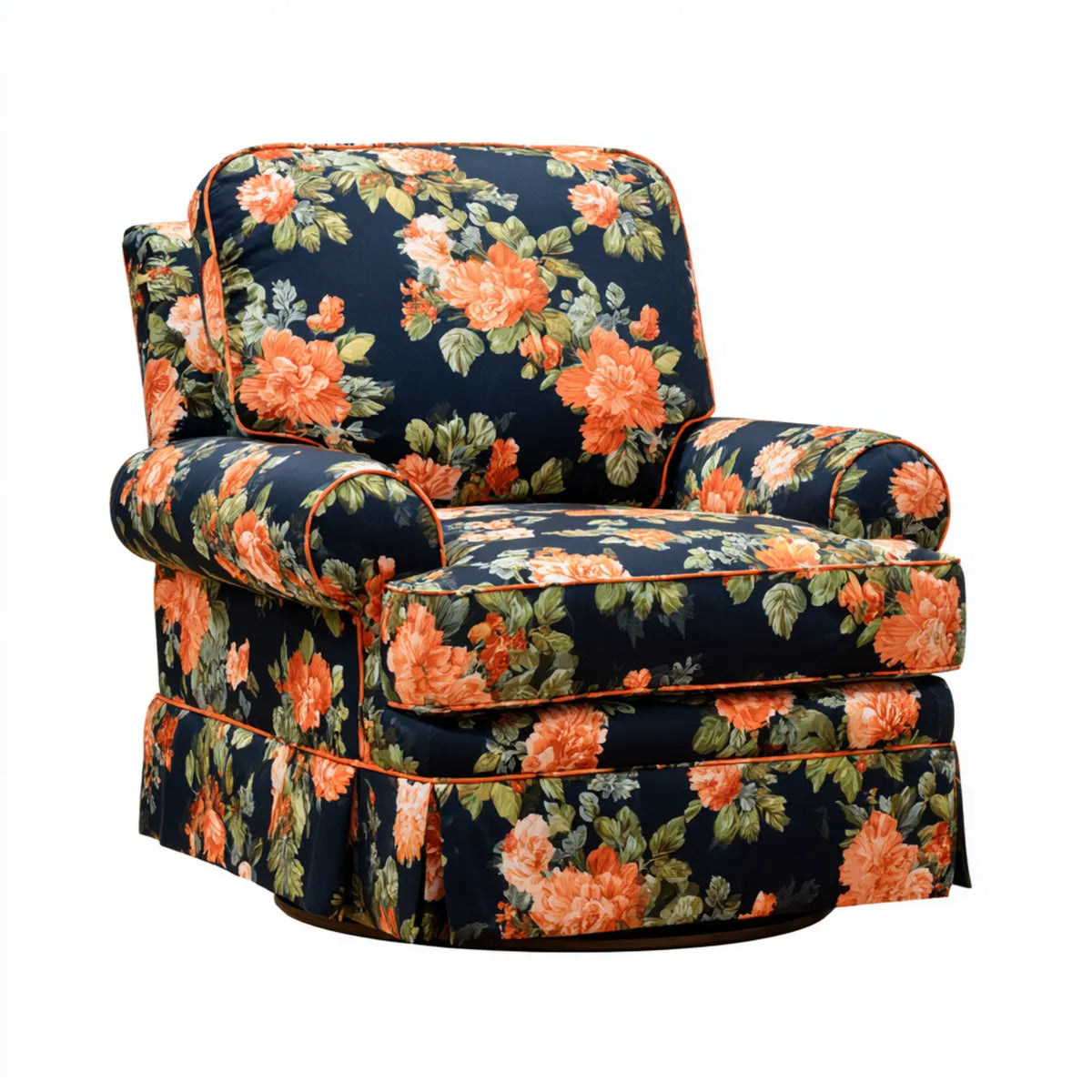 Fauteuil de salon à motif floral bleu marine et orange 100 x 90 x 95 cm en polyester forme arrondie