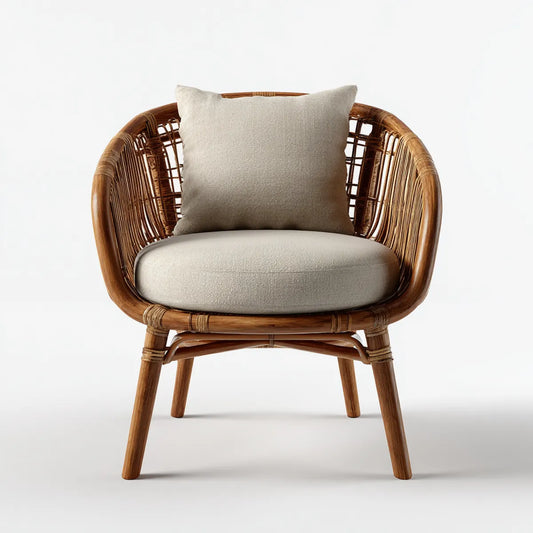 Fauteuil en rotin marron avec coussins beige forme arrondie 75 x 70 x 78 cm